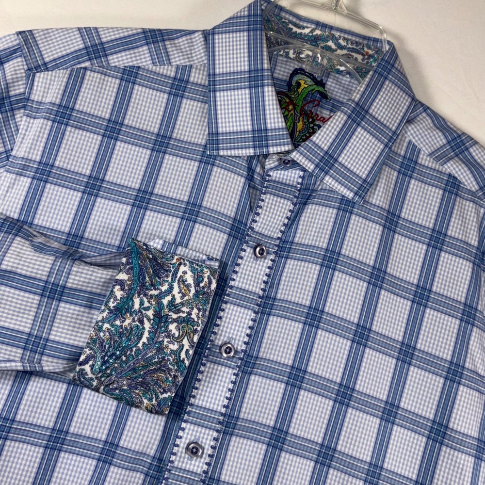 Robert Graham Mens Blue White Plaid Paisley Trim Classic Fit Button Down Shirt M